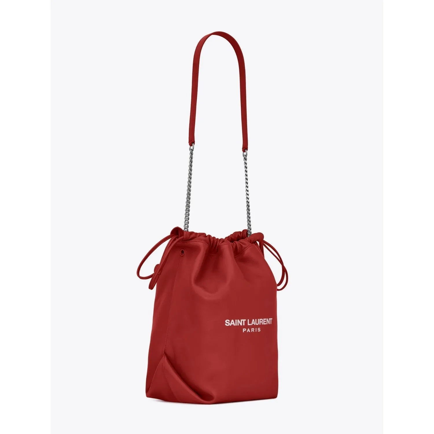 Sac Ysl Saint Laurent Teddy Rouge en Agneau à Cordons et Forme Seau 538447
