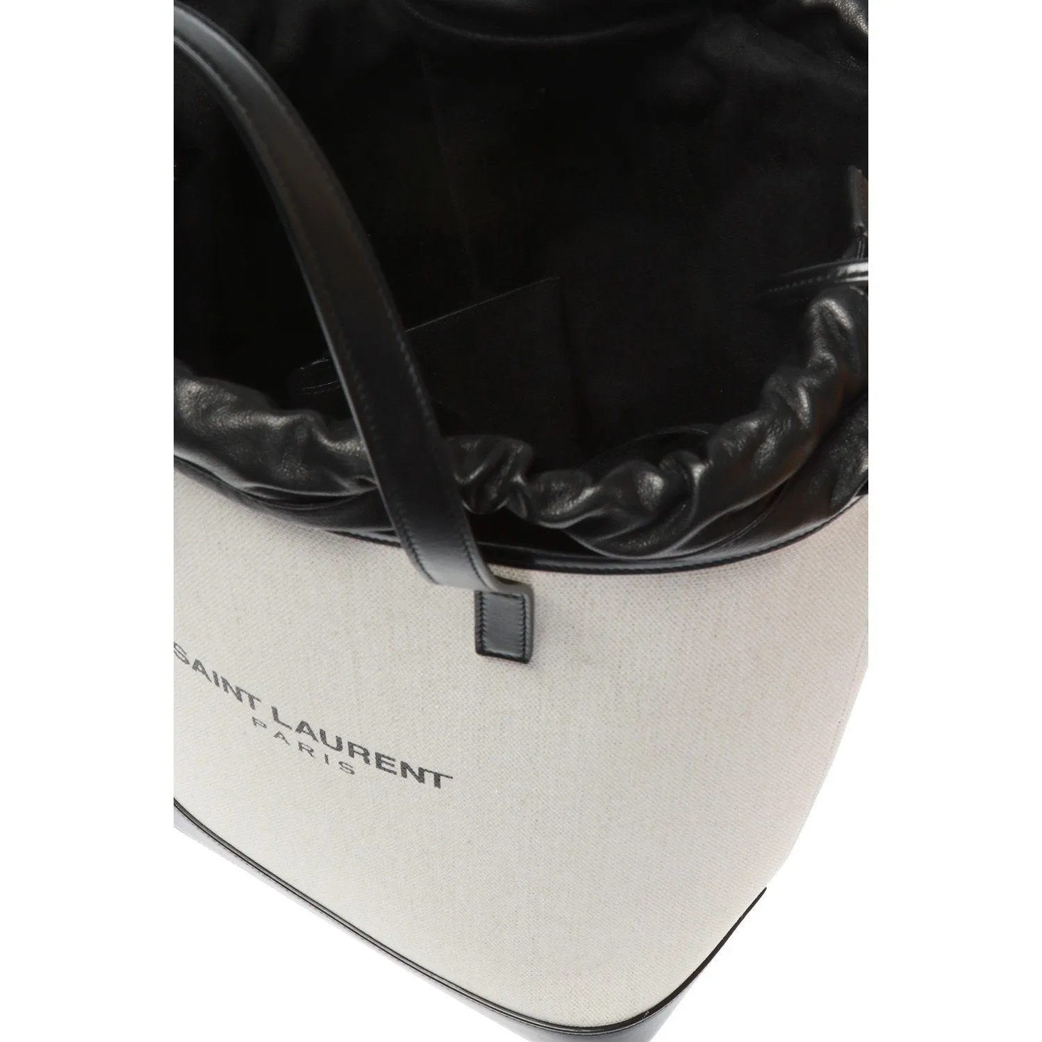 Sac Ysl Saint Laurent Teddy Blanc en Lin Enduit avec Cordon à Nouer Modèle Seau 551595
