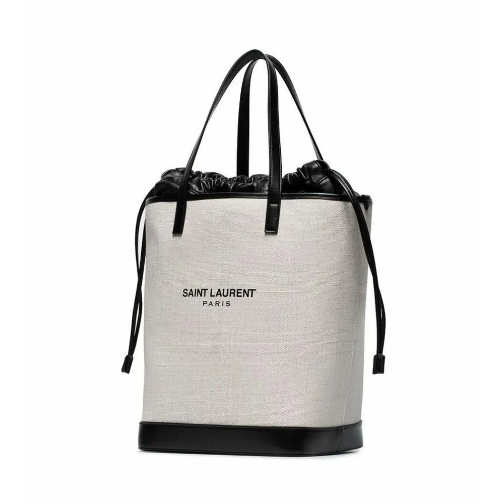 Sac Ysl Saint Laurent Teddy Blanc en Lin Enduit avec Cordon à Nouer Modèle Seau 551595