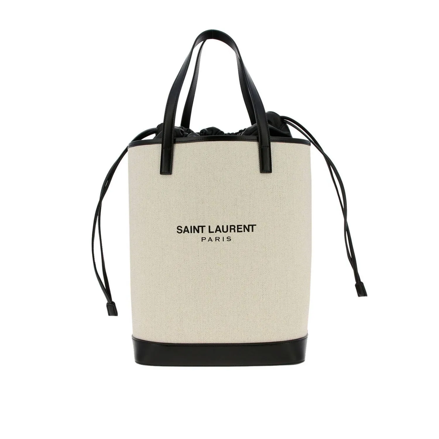 Sac Ysl Saint Laurent Teddy Blanc en Lin Enduit avec Cordon à Nouer Modèle Seau 551595