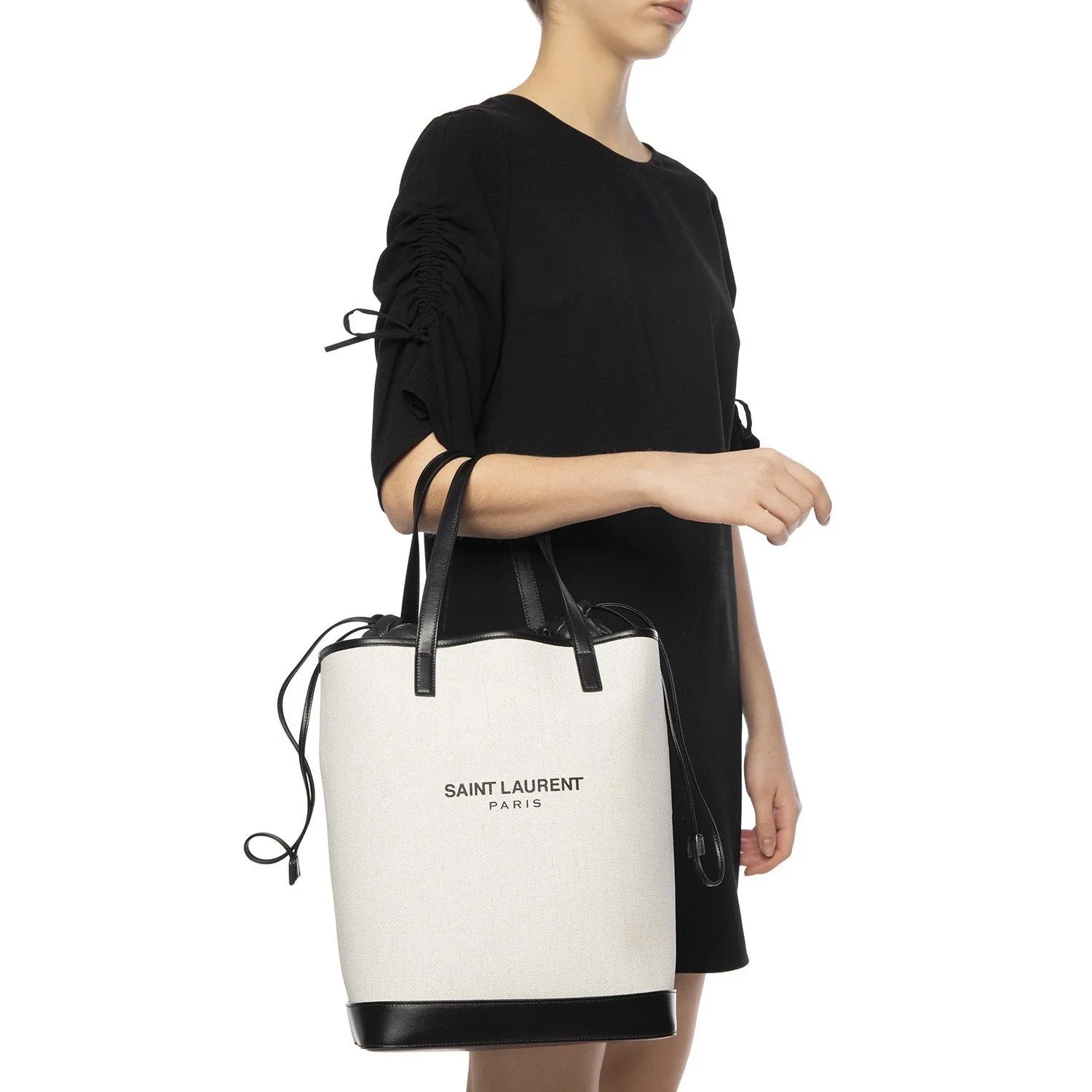 Sac Ysl Saint Laurent Teddy Blanc en Lin Enduit avec Cordon à Nouer Modèle Seau 551595